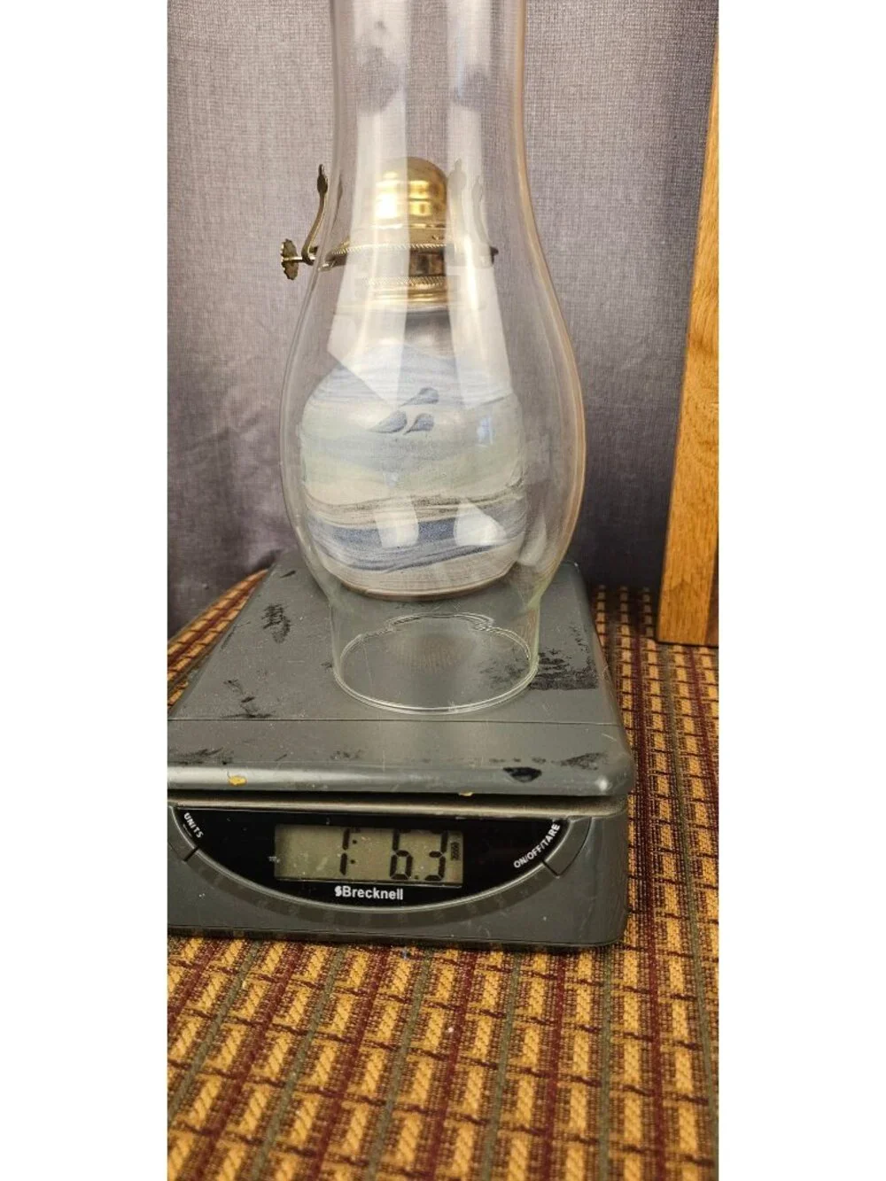 Vintage Ceramic Oil Lamp With Hand-Painted Blue Design & Glass Chimney - 12